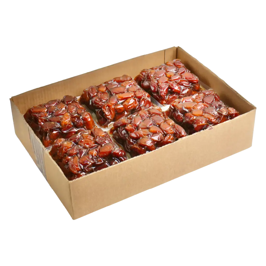 Pappkarton mit 12 Packungen vakuumverpackter, gepresster Premium-Datteln.