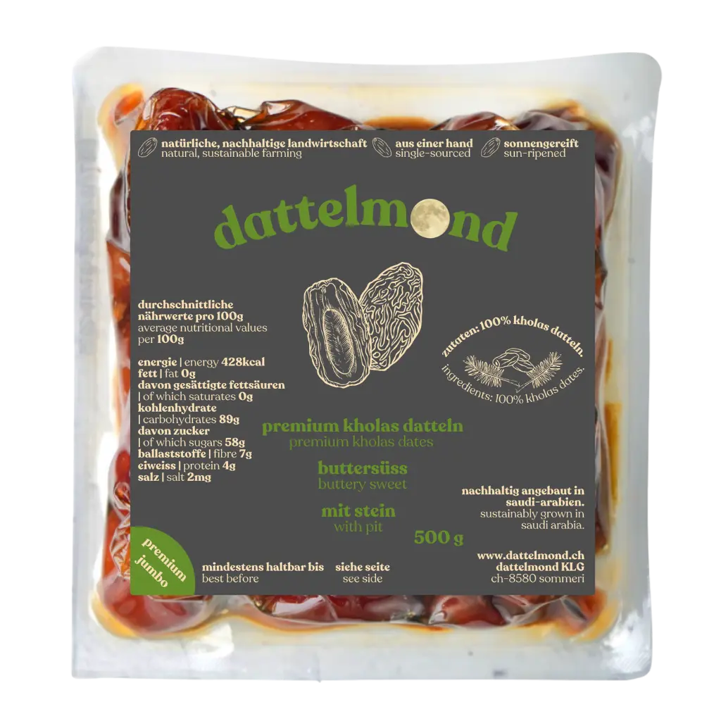 Premium Gepresste Kholas Datteln 500g, butterweiche Datteln mit Stein, ideal für gesunde Snacks und Kochen. Natürlich angebaut und sonnengetrocknet, erhältlich in der Schweiz bei Dattelmond.