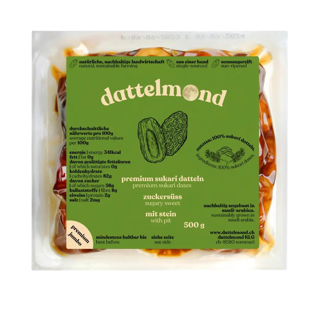 500g Dattelmond Sukari Datteln, gepresst und honigsüss, ideal zum Snacken oder zum Kombinieren mit Käse, Kaffee oder Schokolade.