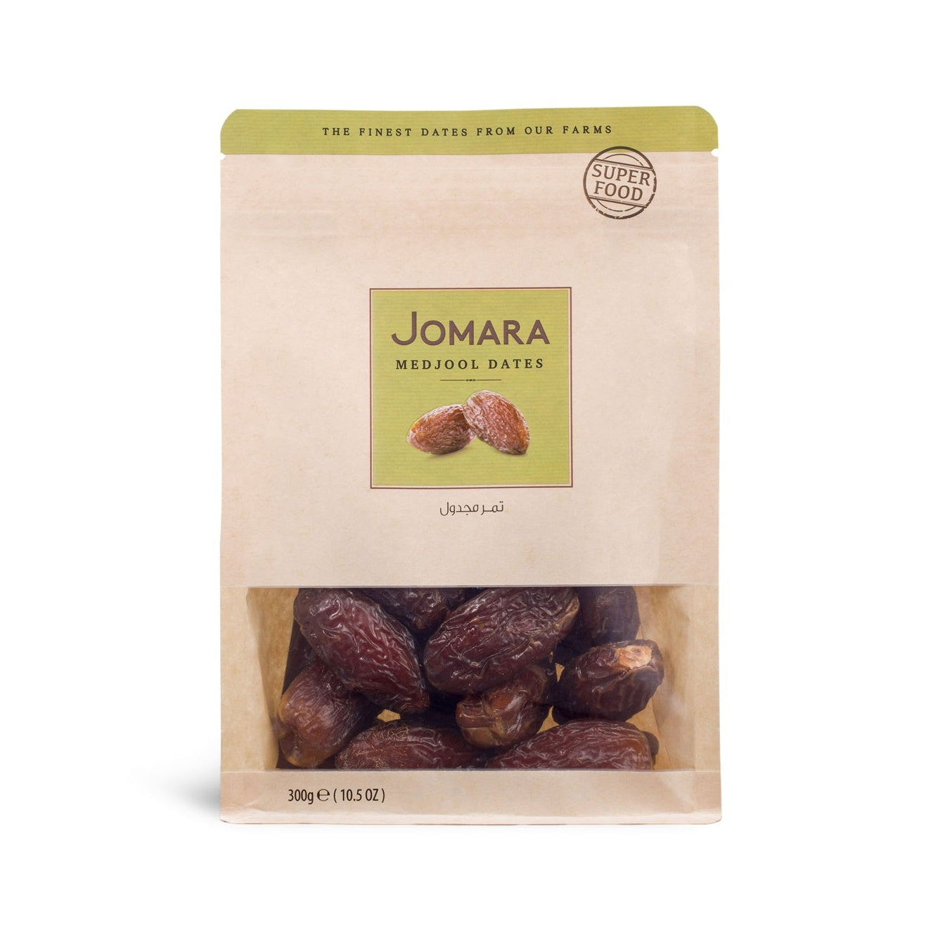 Jomara Medjool dates packaging on a white background