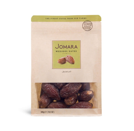Jomara Medjool dates packaging on a white background