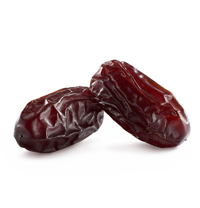 Two dried Khidri dates on a white background