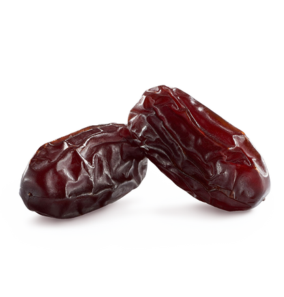 Two dried Khidri dates on a white background