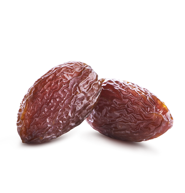 Two dried Medjool dates on a white background